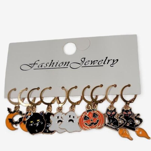 Halloween Earrings Set of 5 Huggies Ghosts, Bats, Pumpkins Black Orange OS New - Picture 1 of 9